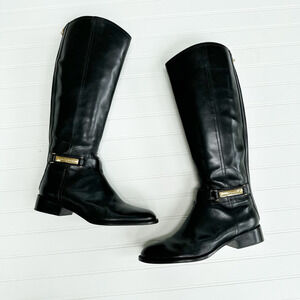 Tory Burch Leather Black Riding Boots Knee High Gold Buckle Rider Zipper